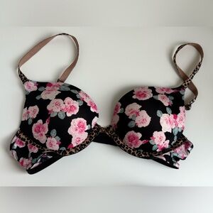 Victoria's Secret Black Bra with Pink Roses and Cheetah Pattern